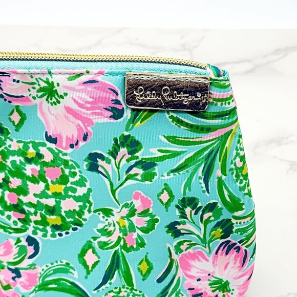 Lilly Pulitzer Cosmetic Bag Surf Blue Oh Diamond Girl Folia Green Pink Floral - Picture 2 of 8